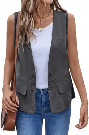 IDEALSANXUN Womens Cotton Linen Vest Casual Lightweight Button Down Sleeveless Jackets Tops