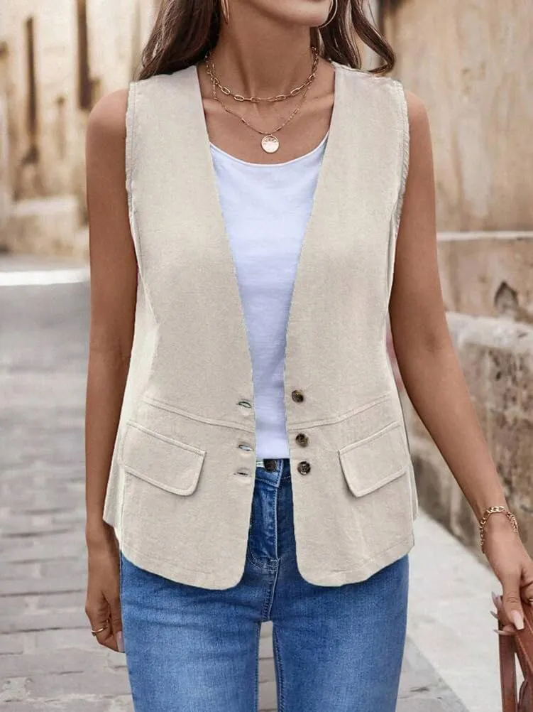 IDEALSANXUN Womens Cotton Linen Vest Casual Lightweight Button Down Sleeveless Jackets Tops