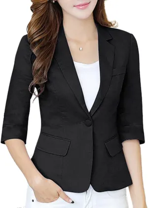 IDEALSANXUN Womens Cropped Linen Blazer Casual 3/4 Sleeve Lightweight Spring Summer Jackets Tops