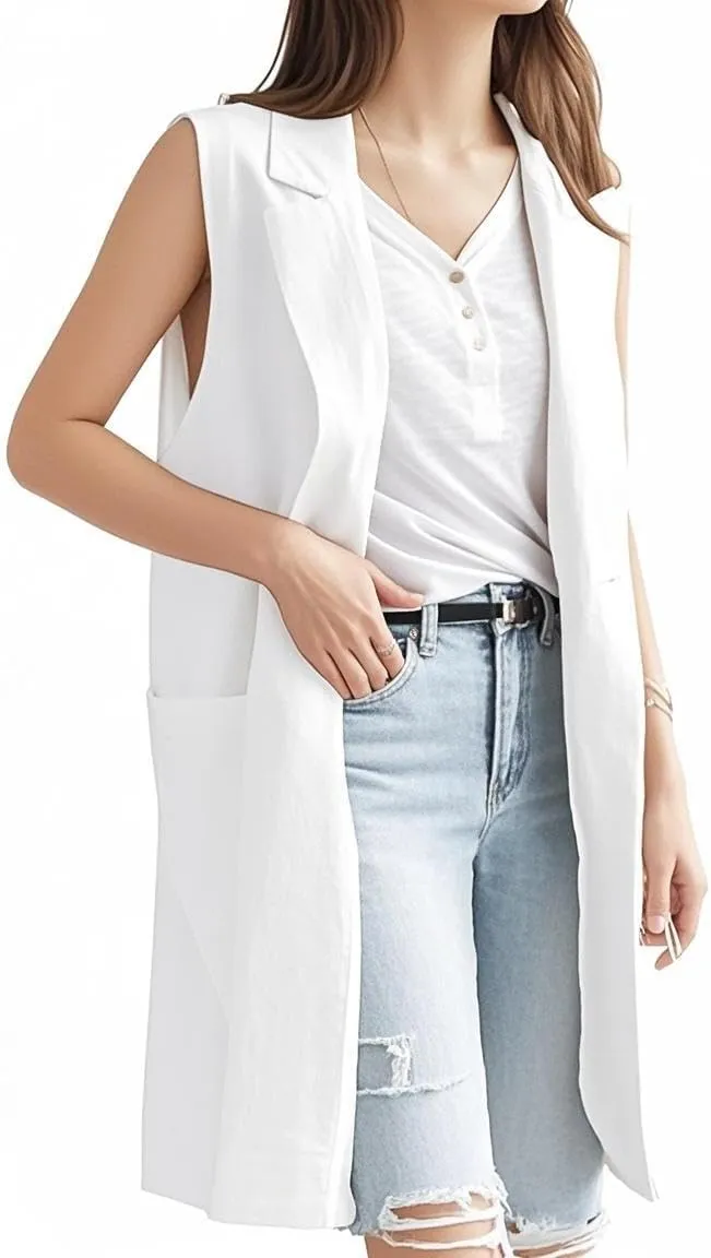 IDEALSANXUN Womens Long Linen Vest Tops Casual Spring Summer Lightweight Jackets
