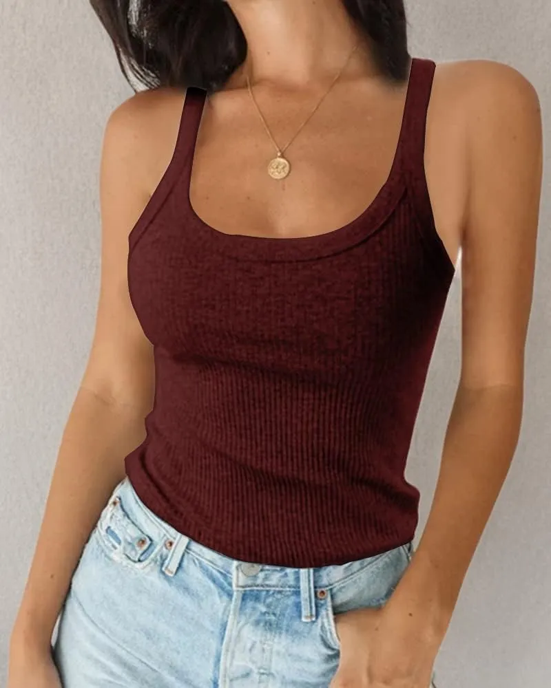 Ivay Womens Scoop Neck Ribbed Knit Tank Top Sleeveless Cotton Wife Beater Camisole Shirts