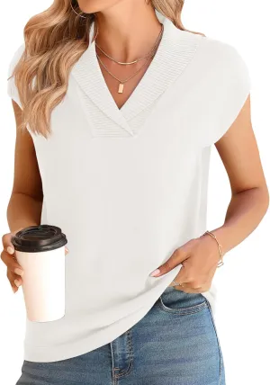 Ivicoer Sweater Vest Women V-Neck Knitted Pullover Short Cap Sleeve Collared Tops Dressy Casual 2025 Summer Fashion Trendy