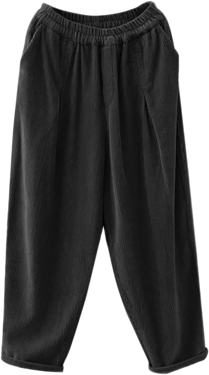 IXIMO Women's Baggy Cropped Corduroy Pants Casual Wide Leg Elastic Waist Pleated Harem Trousers
