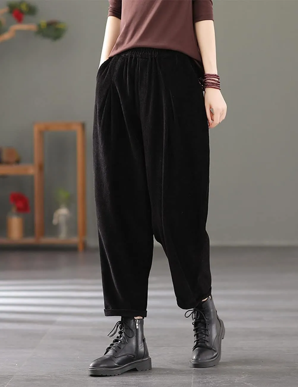 IXIMO Women's Baggy Cropped Corduroy Pants Casual Wide Leg Elastic Waist Pleated Harem Trousers