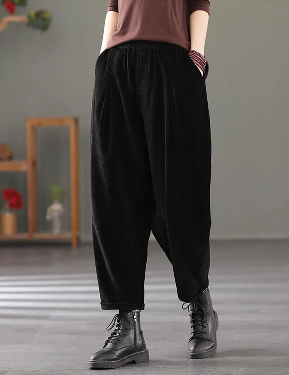 IXIMO Women's Baggy Cropped Corduroy Pants Casual Wide Leg Elastic Waist Pleated Harem Trousers