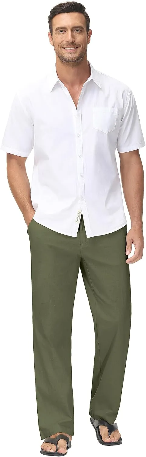 Janmid Men's Linen Pants Casual Elastic Waist Drawstring Yoga Beach Trousers