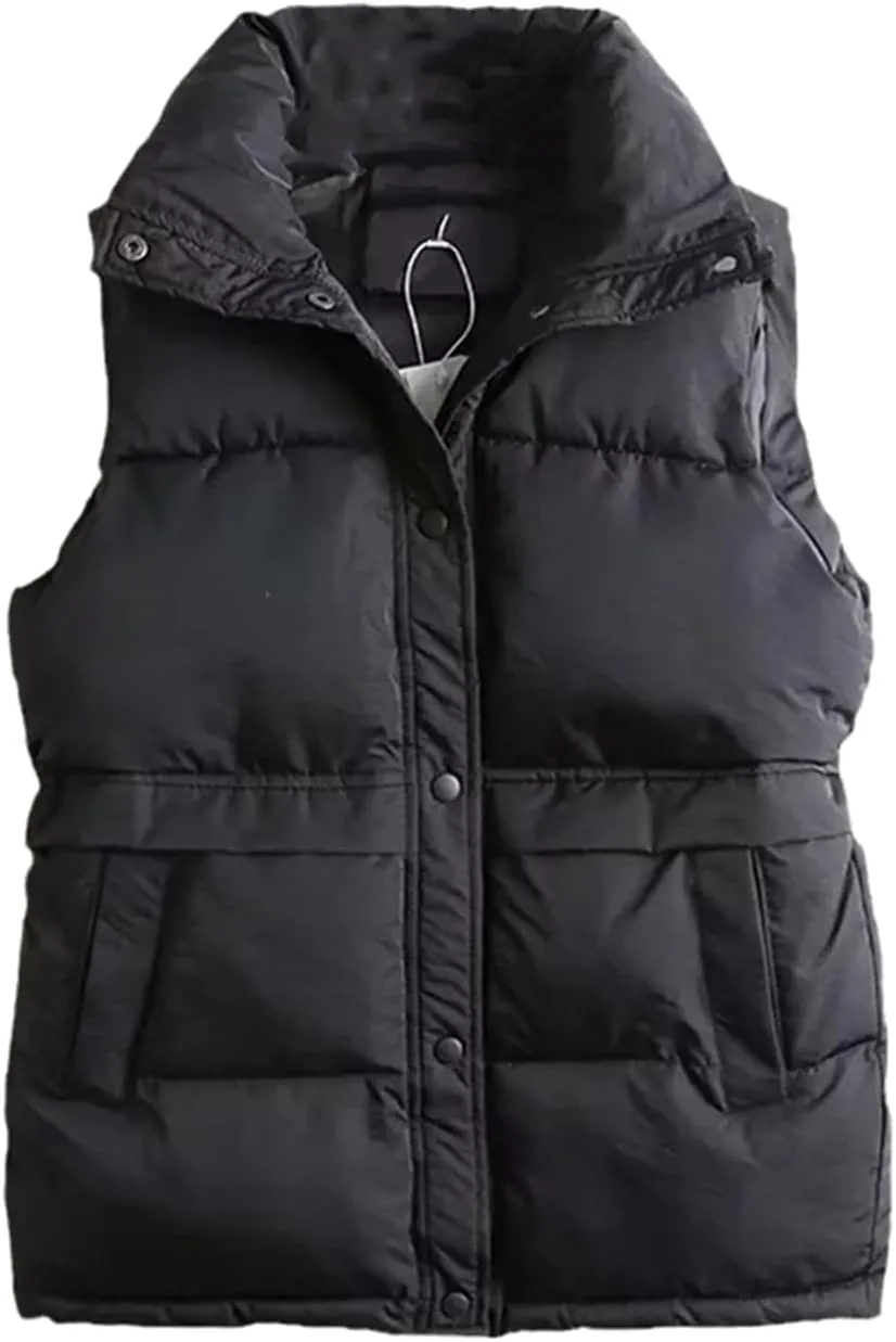 Jegsnoe Women Vest Jacket Drawstring Stand Collar Vest Cotton Padded Winter Windproof Waistcoat