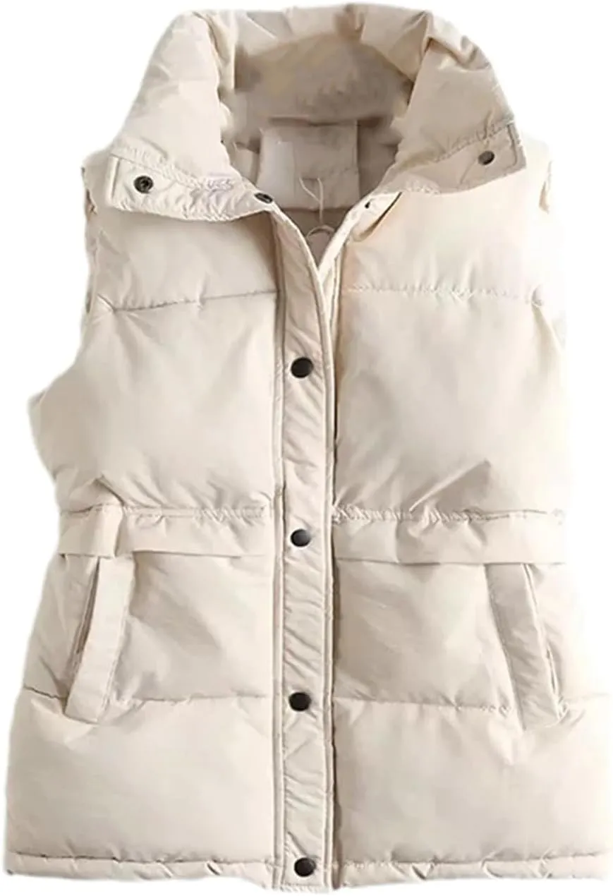 Jegsnoe Women Vest Jacket Drawstring Stand Collar Vest Cotton Padded Winter Windproof Waistcoat