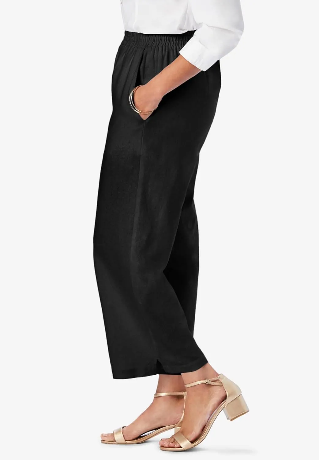 Jessica London Women's Plus Size Wide Leg Linen Crop Pants Elastic Waist