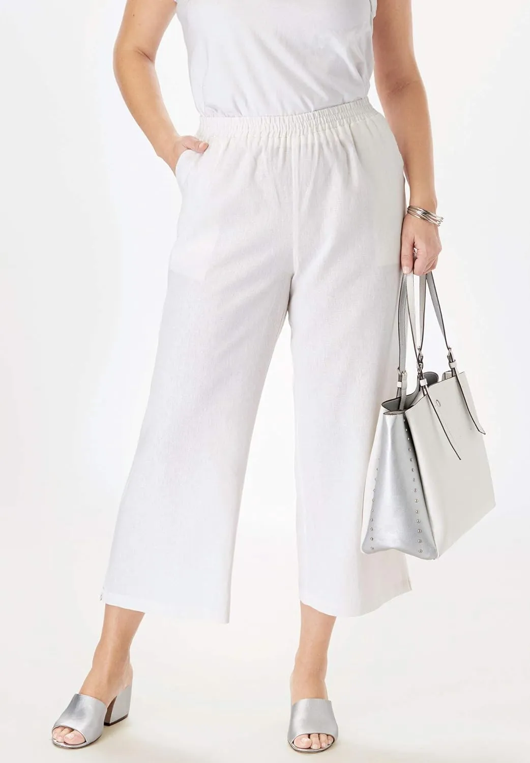 Jessica London Women's Plus Size Wide Leg Linen Crop Pants Elastic Waist
