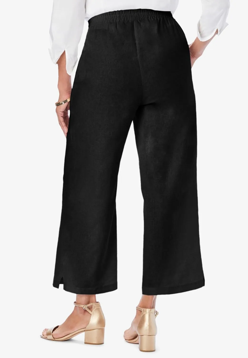 Jessica London Women's Plus Size Wide Leg Linen Crop Pants Elastic Waist