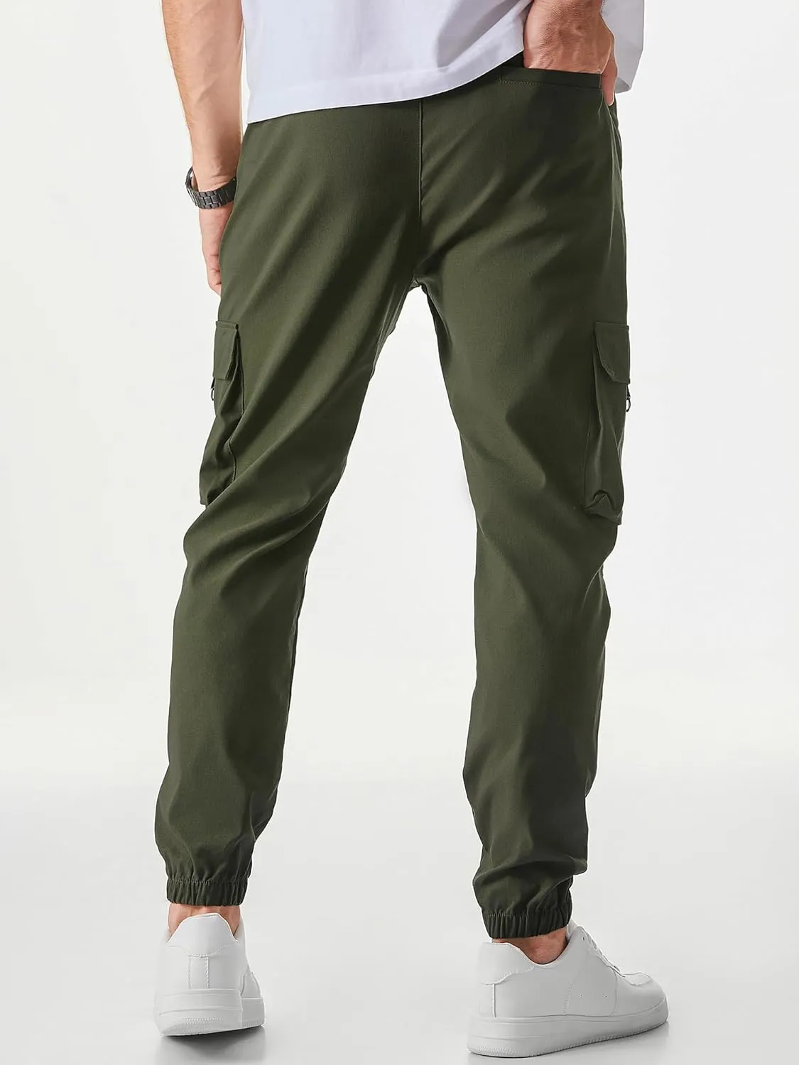 JMIERR Mens Cargo Pants Casual Lightweight Elastic Waist Drawstring Tapered Pant with Pockets