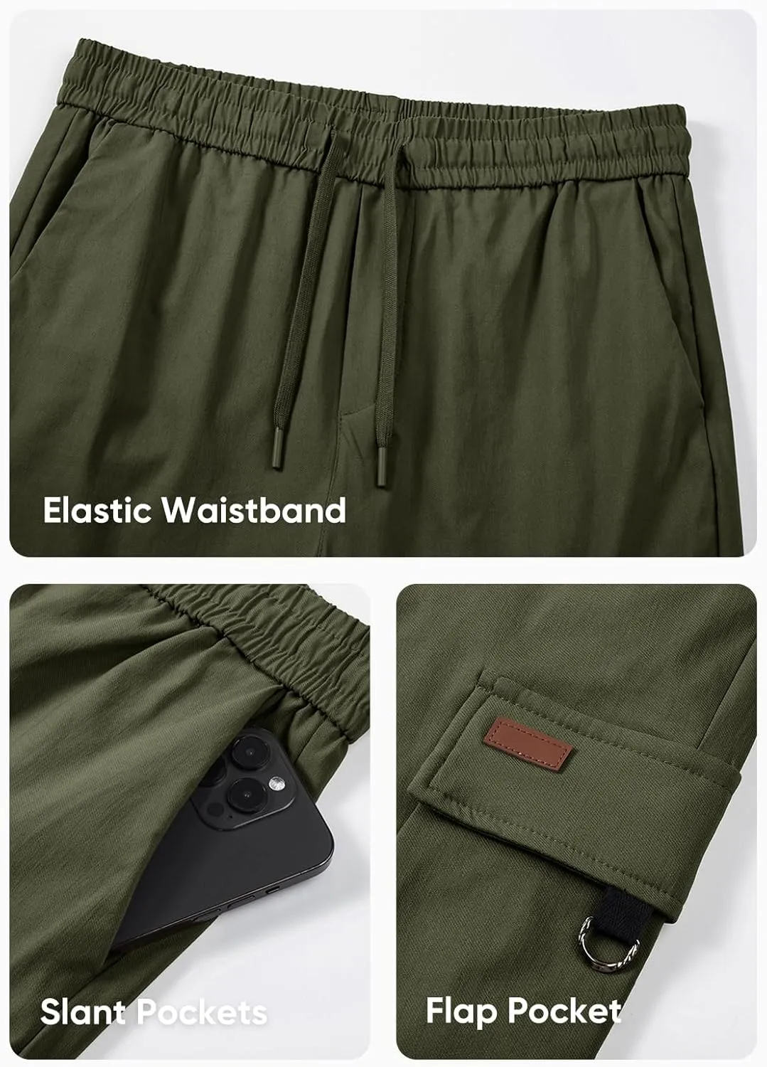 JMIERR Mens Cargo Pants Casual Lightweight Elastic Waist Drawstring Tapered Pant with Pockets
