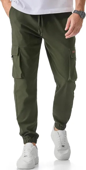 JMIERR Mens Cargo Pants Casual Lightweight Elastic Waist Drawstring Tapered Pant with Pockets