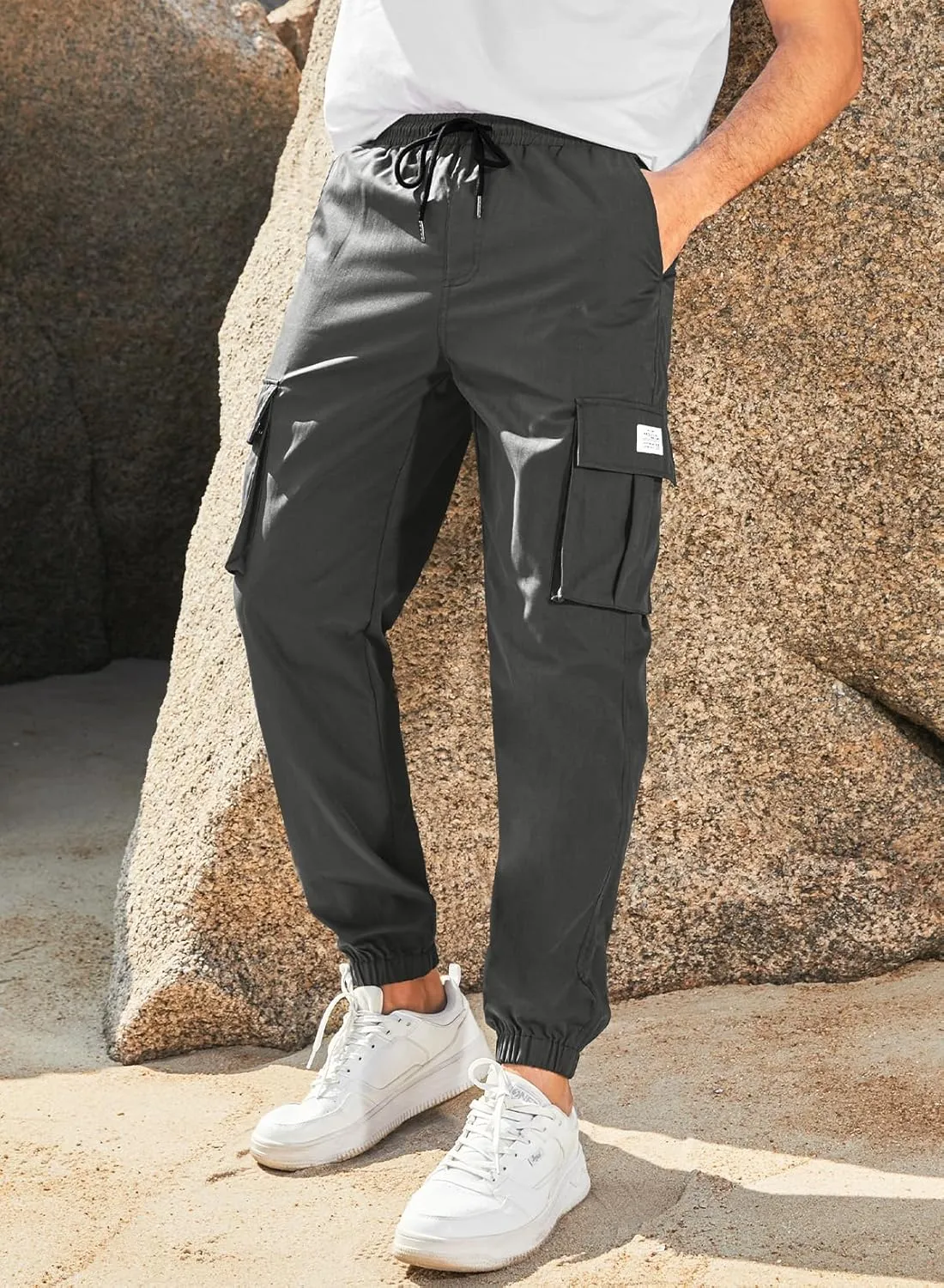 JMIERR Mens Casual Cargo Pants Stretch Elastic Waist Drawstring Joggers Pants Tapered Sweatpants for Men Multi Pockets