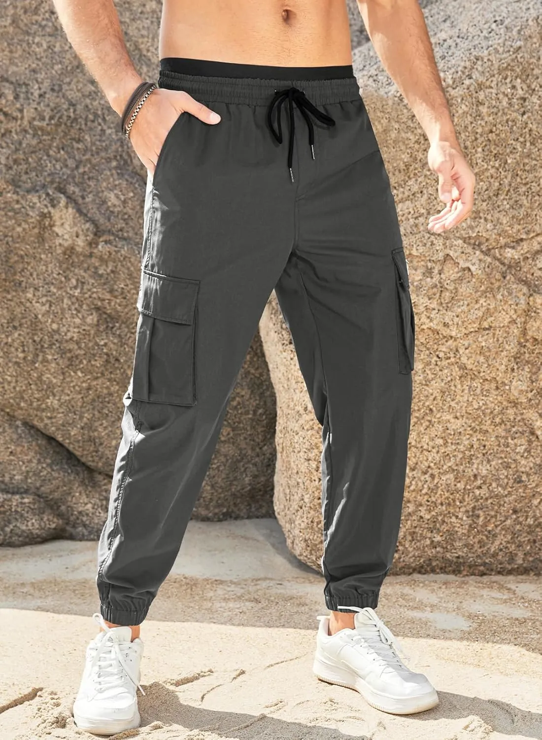 JMIERR Mens Casual Cargo Pants Stretch Elastic Waist Drawstring Joggers Pants Tapered Sweatpants for Men Multi Pockets