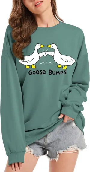 KIEKIECOO Funny Graphic Duck Crewneck Sweatshirts for Women Aesthetic Soft Long Sleeve Pullover Preppy Cute Fall Sweater