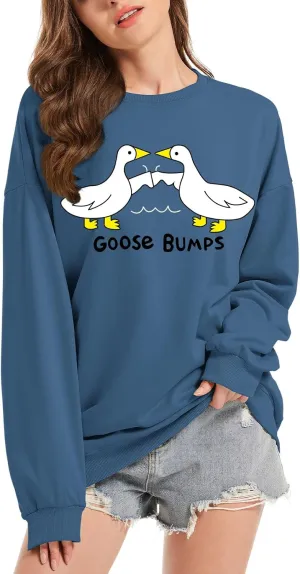 KIEKIECOO Funny Graphic Duck Crewneck Sweatshirts for Women Aesthetic Soft Long Sleeve Pullover Preppy Cute Fall Sweater