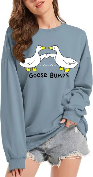 KIEKIECOO Funny Graphic Duck Crewneck Sweatshirts for Women Aesthetic Soft Long Sleeve Pullover Preppy Cute Fall Sweater
