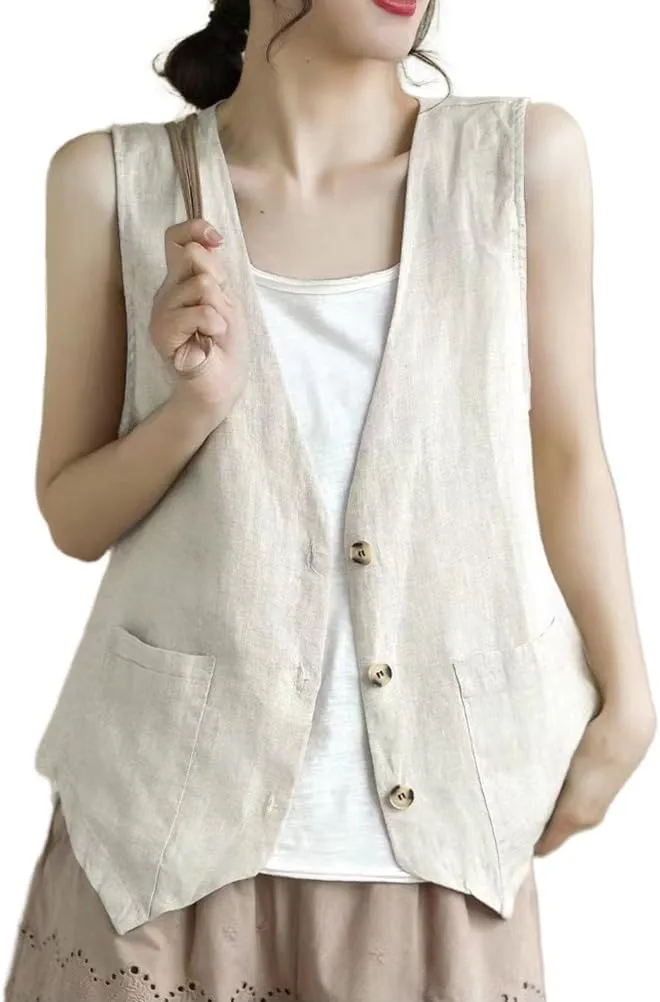 Kinghua Linen Vest Women 2025 Sleeveless Blazer Lightweight Spring Jackets Summer Blazer Button Down Casual Cardigan Tops