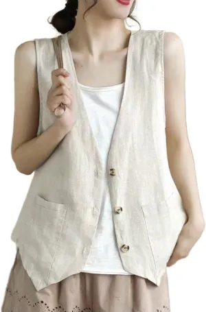 Kinghua Linen Vest Women 2025 Sleeveless Blazer Lightweight Spring Jackets Summer Blazer Button Down Casual Cardigan Tops