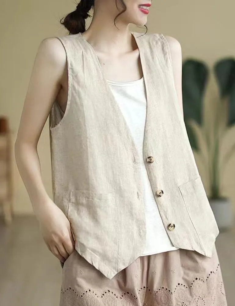 Kinghua Linen Vest Women 2025 Sleeveless Blazer Lightweight Spring Jackets Summer Blazer Button Down Casual Cardigan Tops