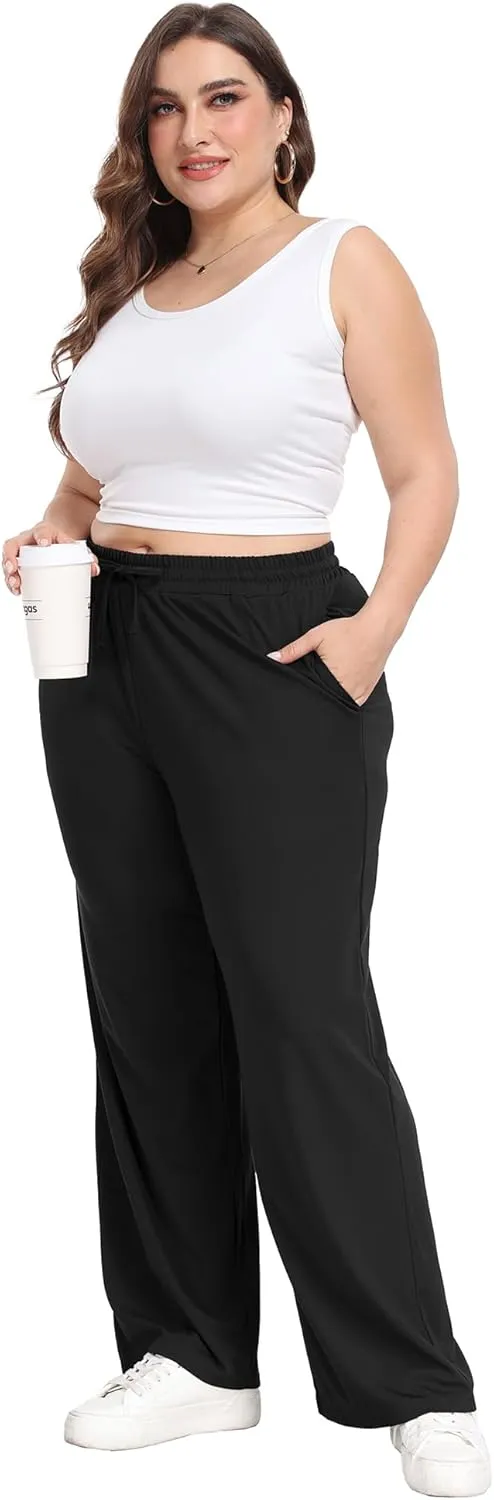 Lastshe Women's Plus Size Casual Pants Elastic Waist Wide Leg Loose Fit Pajama Drawstring Home Pants with Pockets