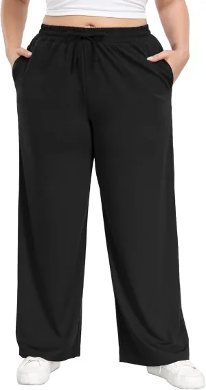 Lastshe Women's Plus Size Casual Pants Elastic Waist Wide Leg Loose Fit Pajama Drawstring Home Pants with Pockets
