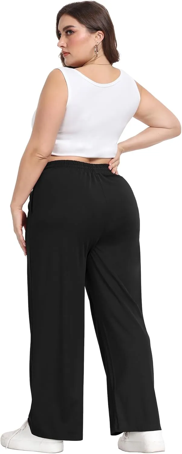 Lastshe Women's Plus Size Casual Pants Elastic Waist Wide Leg Loose Fit Pajama Drawstring Home Pants with Pockets