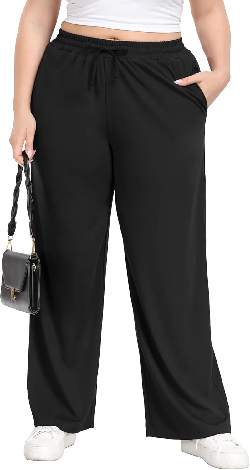 Lastshe Women's Plus Size Casual Pants Elastic Waist Wide Leg Loose Fit Pajama Drawstring Home Pants with Pockets