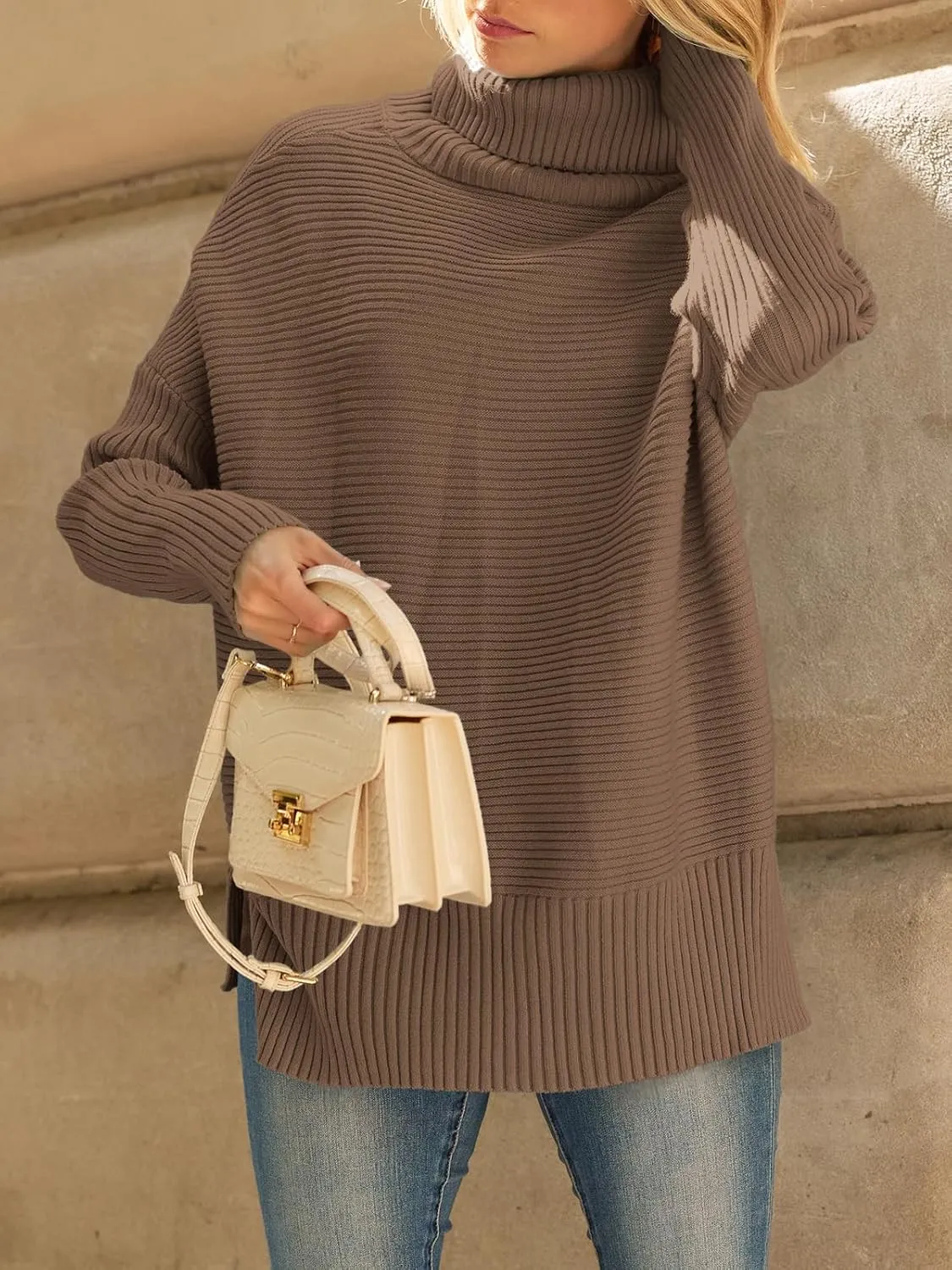 LILLUSORY Women's Oversized Turtleneck Sweaters Fall Batwing Sleeve Ribbed Tunic Sweater