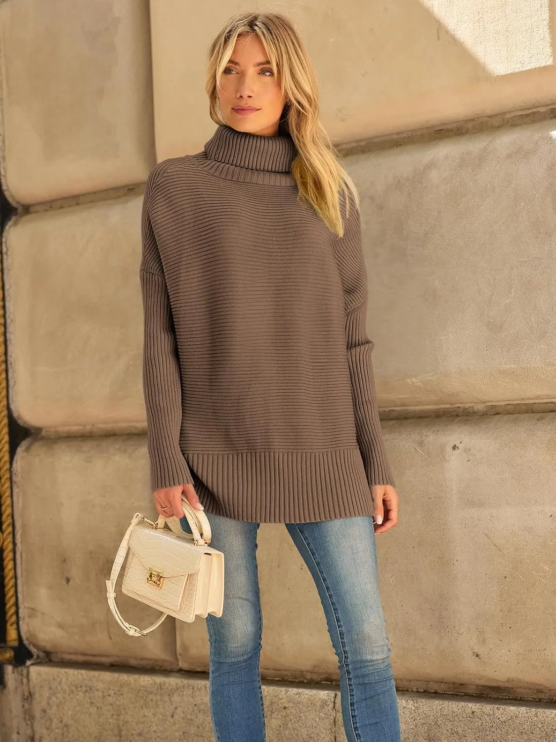 LILLUSORY Women's Oversized Turtleneck Sweaters Fall Batwing Sleeve Ribbed Tunic Sweater