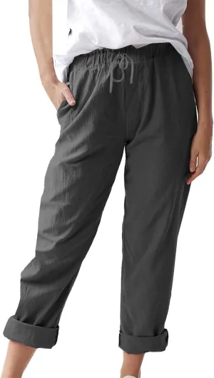 Linen Pants for Women 2025 Straight Wide Leg Lounge Pants Elastic Waist Roll Up Summer Beach Trousers with Pockets