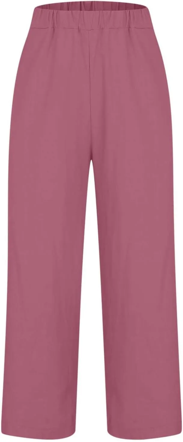Linen Pants for Women 2025 Summer Elastic Waist Drawstring Casual Trousers Lightweight Straight Leg Lounge Pants