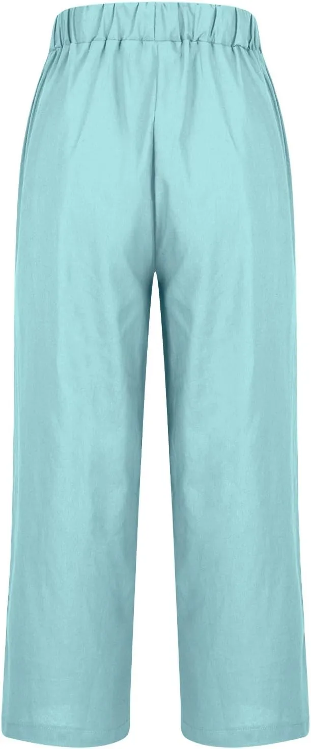 Linen Pants for Women 2025 Summer Elastic Waist Drawstring Casual Trousers Lightweight Straight Leg Lounge Pants