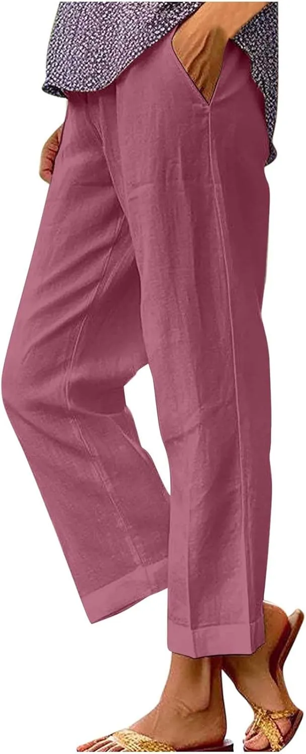 Linen Pants for Women 2025 Summer Elastic Waist Drawstring Casual Trousers Lightweight Straight Leg Lounge Pants