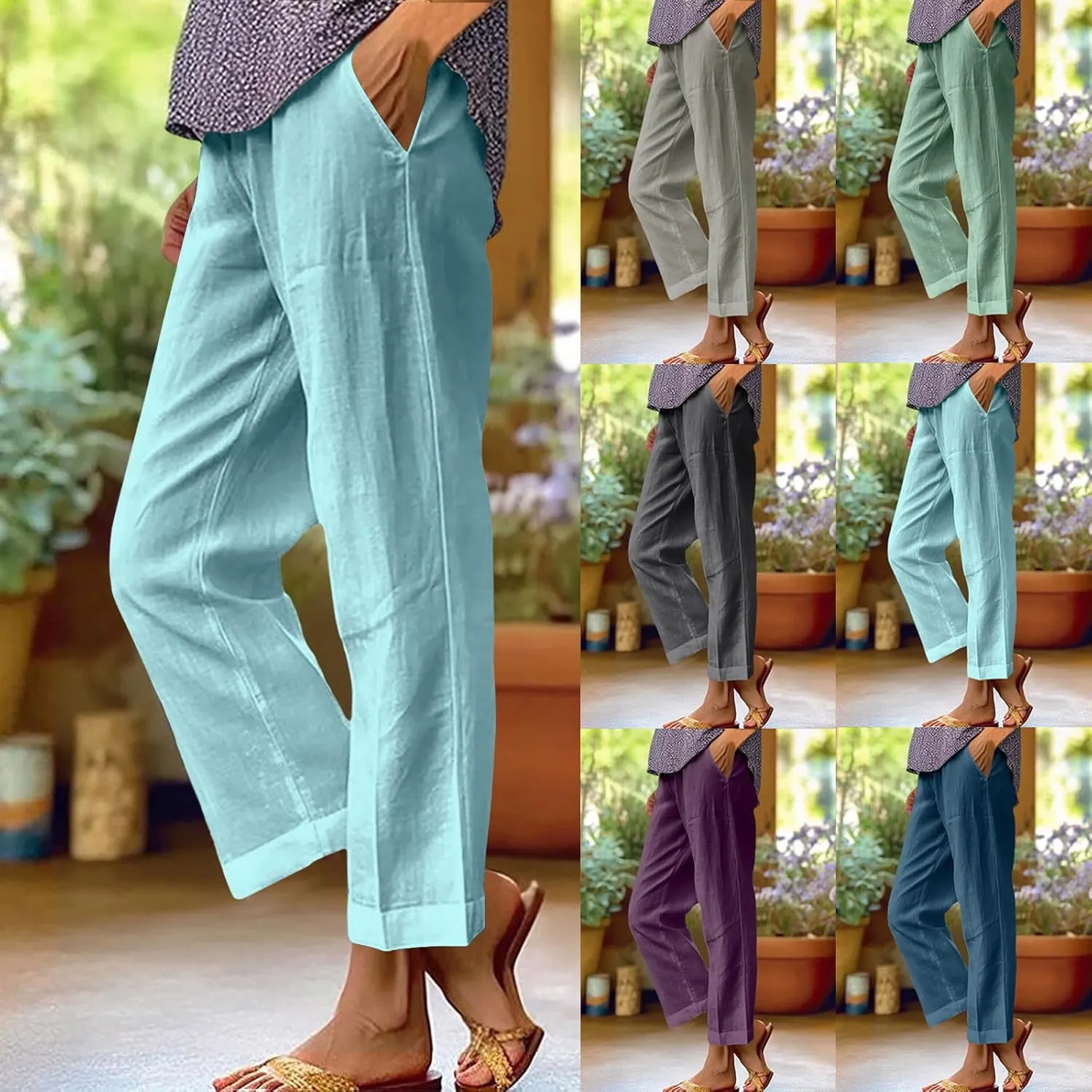 Linen Pants for Women 2025 Summer Elastic Waist Drawstring Casual Trousers Lightweight Straight Leg Lounge Pants