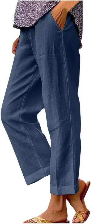 Linen Pants for Women 2025 Summer Elastic Waist Drawstring Casual Trousers Lightweight Straight Leg Lounge Pants