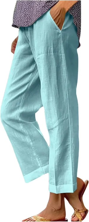 Linen Pants for Women 2025 Summer Elastic Waist Drawstring Casual Trousers Lightweight Straight Leg Lounge Pants