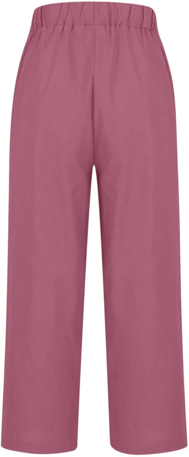 Linen Pants for Women 2025 Summer Elastic Waist Drawstring Casual Trousers Lightweight Straight Leg Lounge Pants