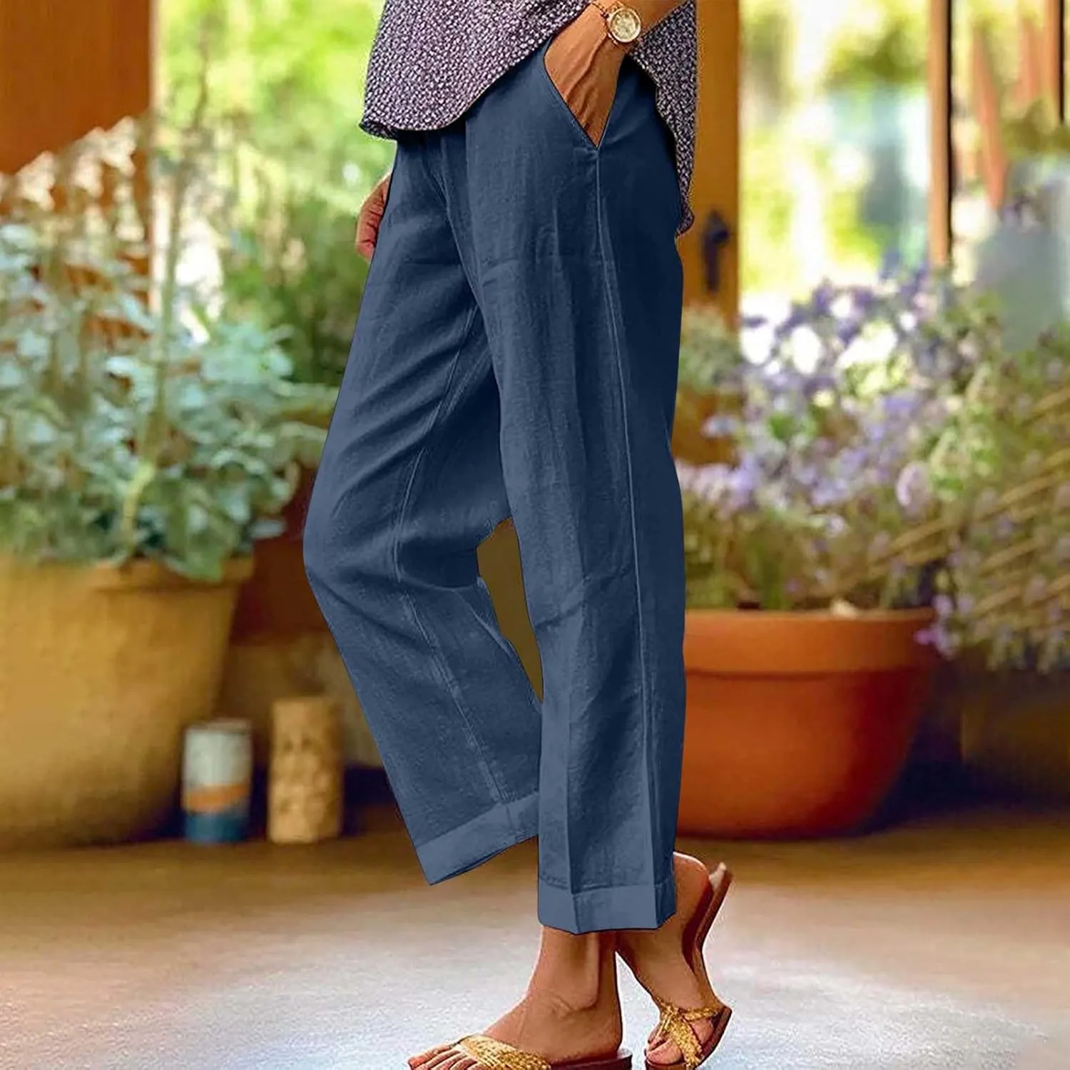 Linen Pants for Women 2025 Summer Elastic Waist Drawstring Casual Trousers Lightweight Straight Leg Lounge Pants