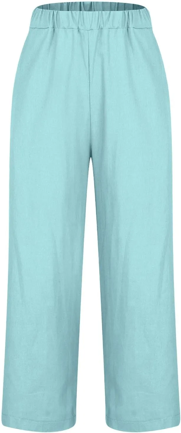Linen Pants for Women 2025 Summer Elastic Waist Drawstring Casual Trousers Lightweight Straight Leg Lounge Pants