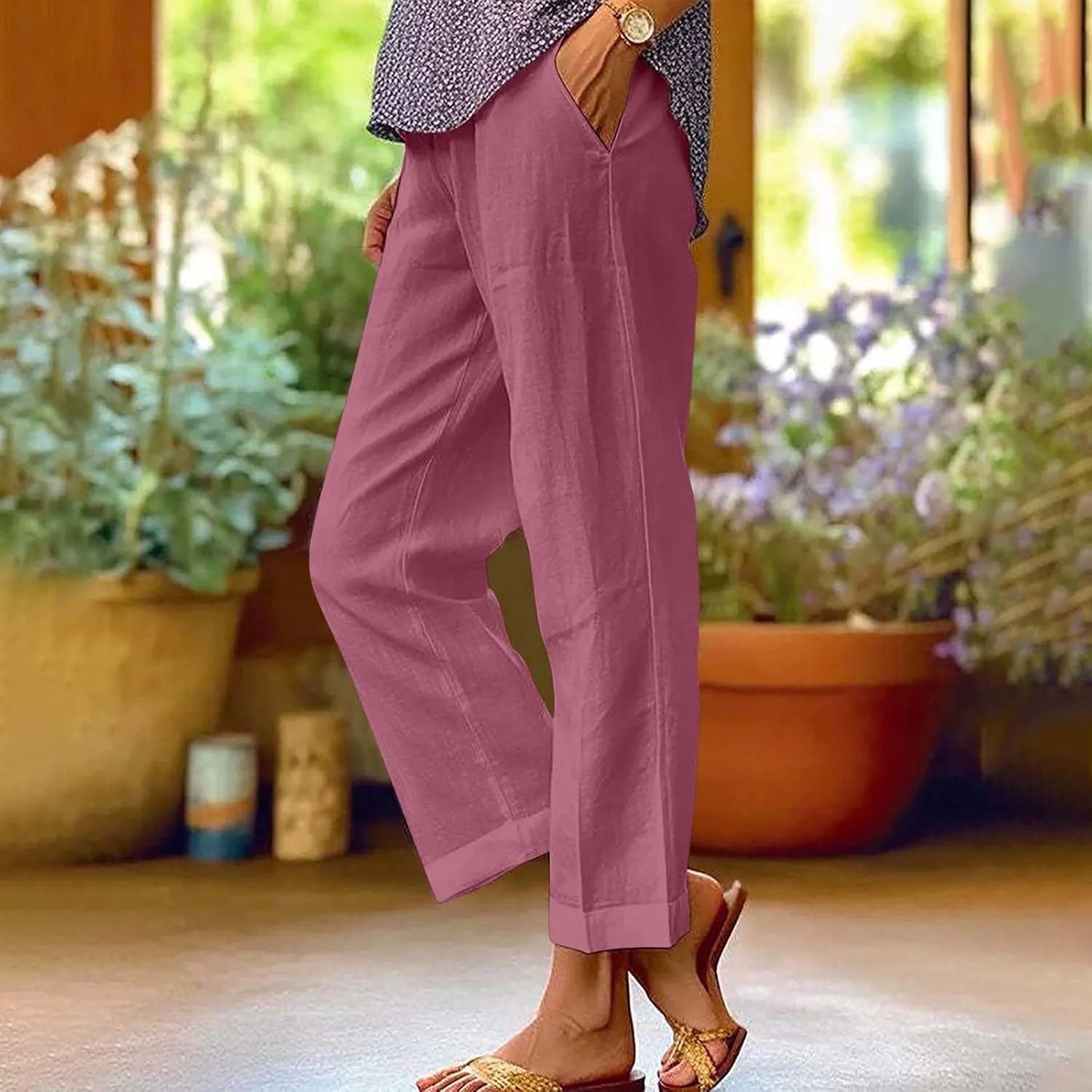 Linen Pants for Women 2025 Summer Elastic Waist Drawstring Casual Trousers Lightweight Straight Leg Lounge Pants