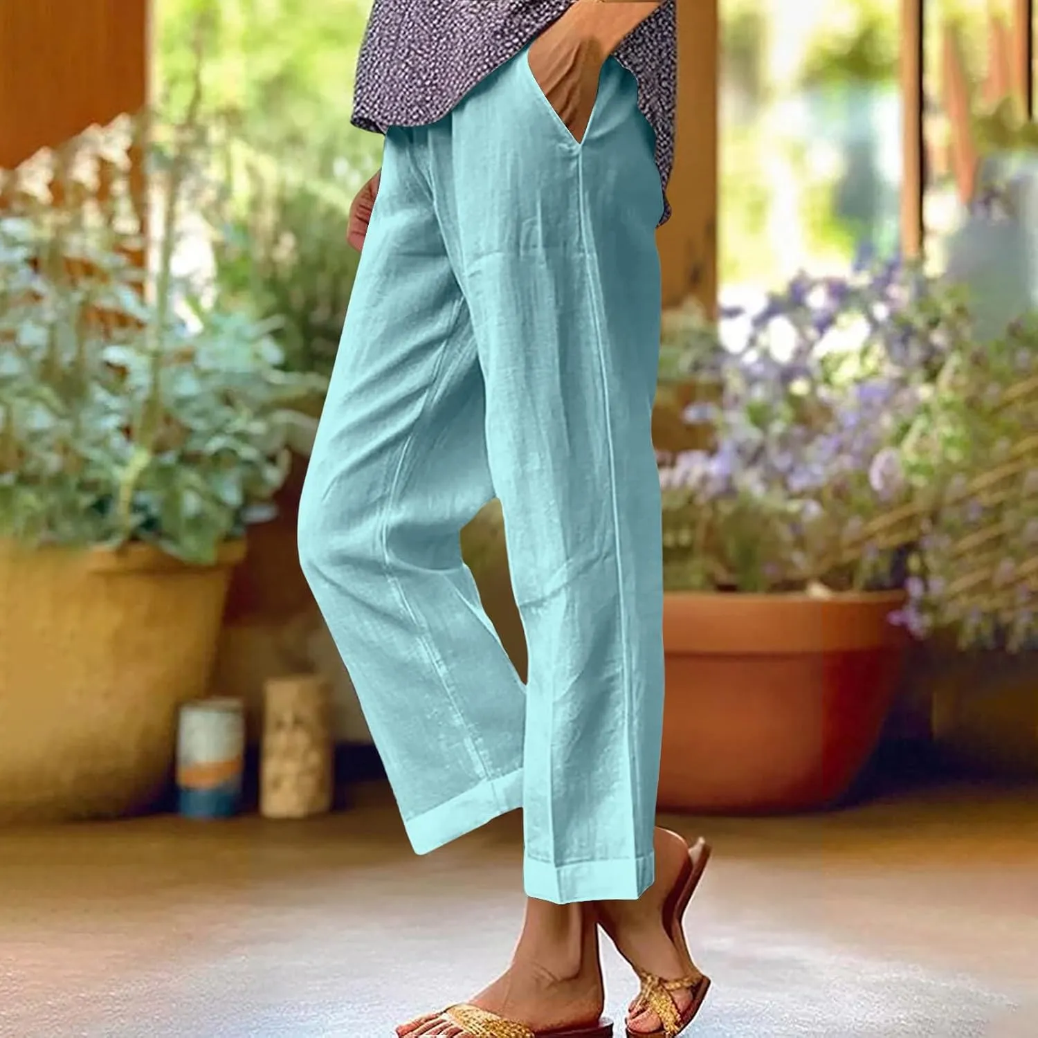 Linen Pants for Women 2025 Summer Elastic Waist Drawstring Casual Trousers Lightweight Straight Leg Lounge Pants