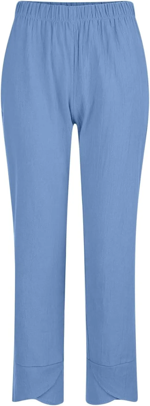 Linen Pants for Women Trendy Elastic Waist Beach Pants Ladies Casual Trousers with Pockets Summer Outfits Clothes