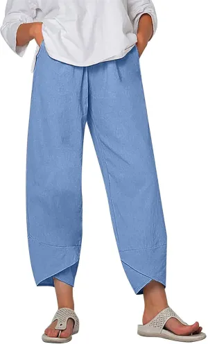 Linen Pants for Women Trendy Elastic Waist Beach Pants Ladies Casual Trousers with Pockets Summer Outfits Clothes