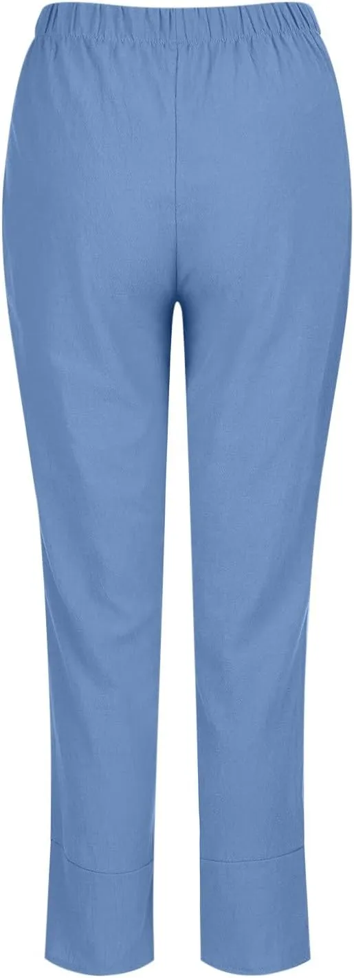 Linen Pants for Women Trendy Elastic Waist Beach Pants Ladies Casual Trousers with Pockets Summer Outfits Clothes