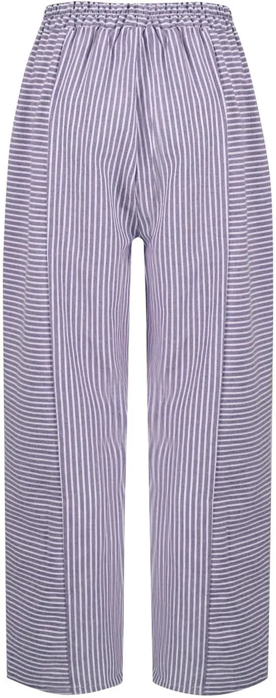 Linen Pants Women Linen Striped Elastic Waist Side Back Four Pockets 9/10 Loose Drawstring Elastic Waist Cropped Trouser