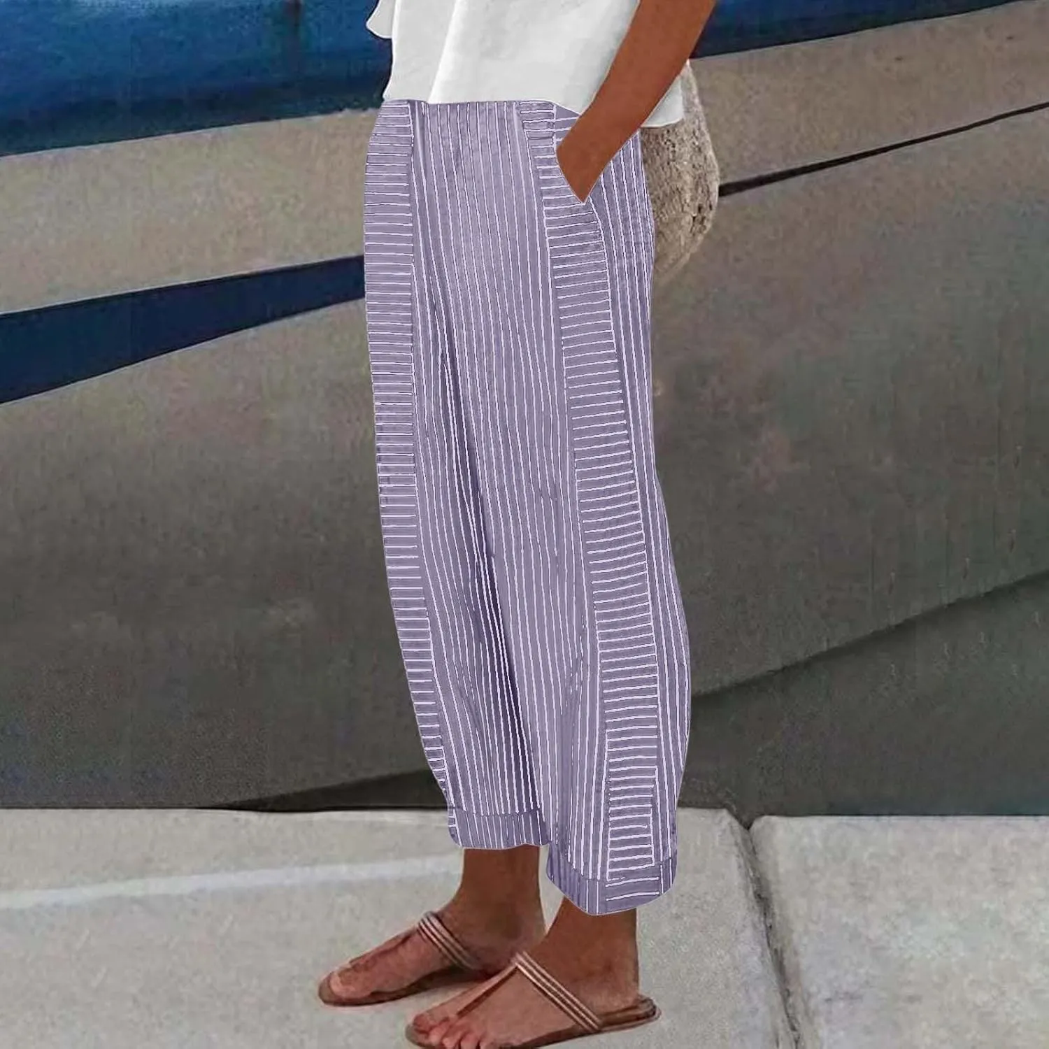 Linen Pants Women Linen Striped Elastic Waist Side Back Four Pockets 9/10 Loose Drawstring Elastic Waist Cropped Trouser