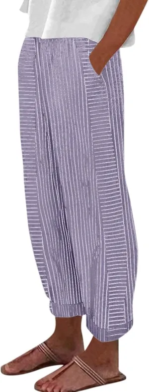 Linen Pants Women Linen Striped Elastic Waist Side Back Four Pockets 9/10 Loose Drawstring Elastic Waist Cropped Trouser